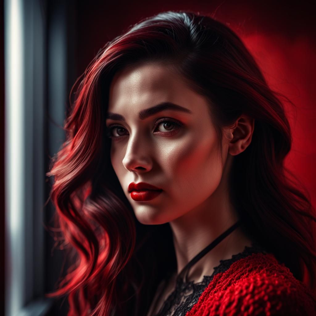 Moody Close-Up of Girl in Red Room