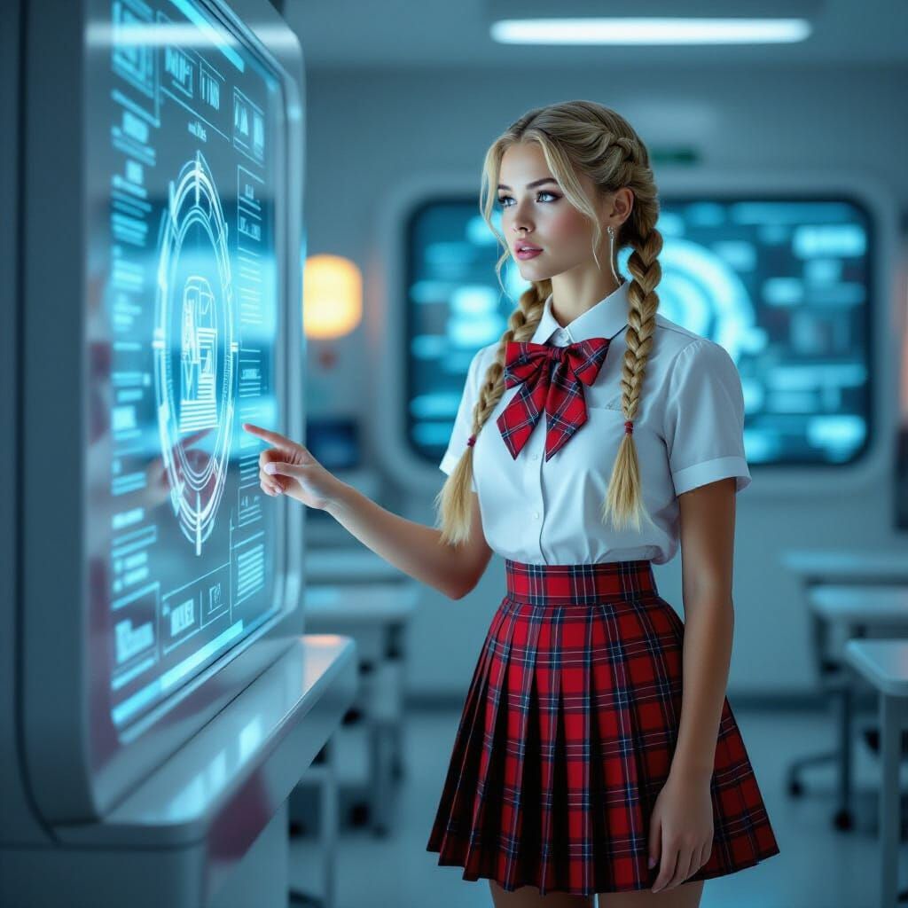 Futuristic Schoolgirl in Holographic Classroom: Digital Art
