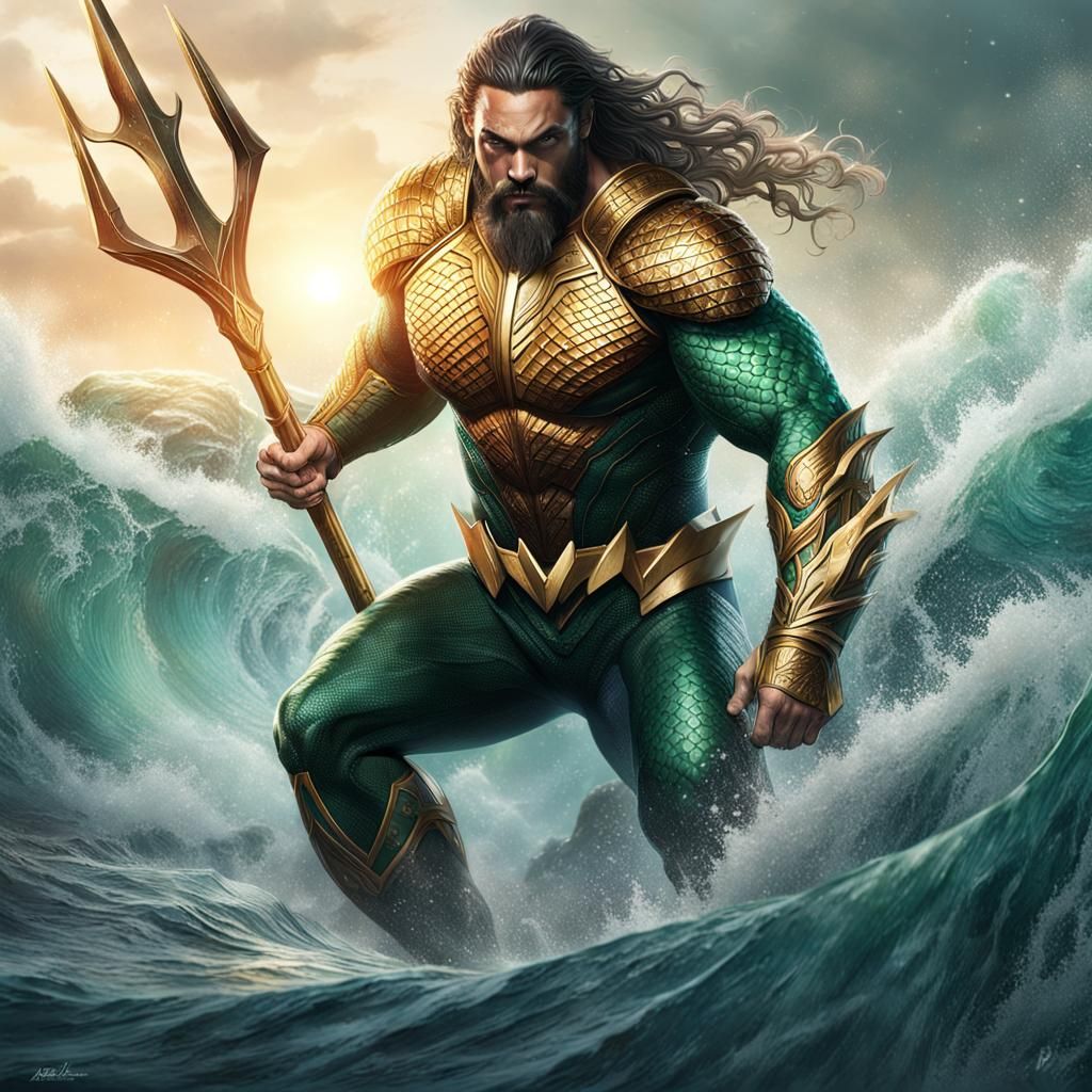 Jason Momoa as Aquaman, commanding the ocean's might against a colossal sea monster