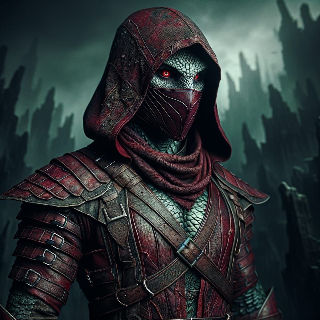 Reptilian Ninja Warrior in Dark Fantasy Scene