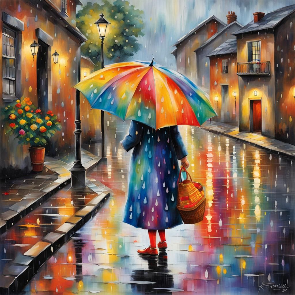 Grandmother's Rainy Day Stroll on Cobblestone Street