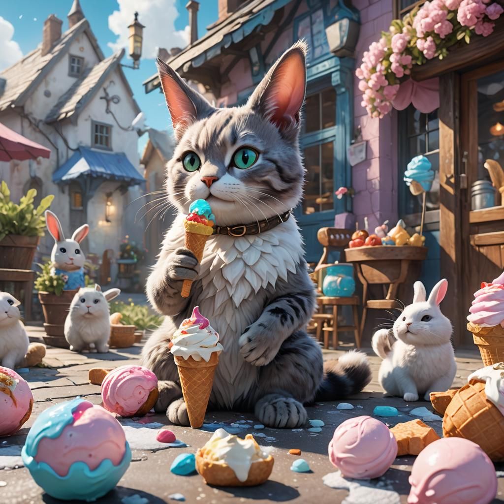 Cat and Rabbit Share Ice Cream, Fantasy Art