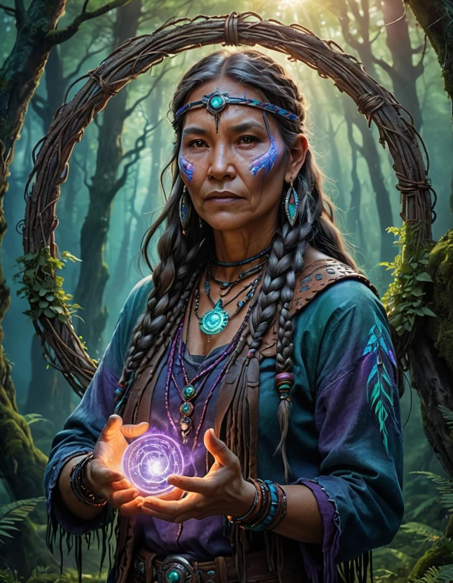 Native American Woman Opens Magic Portal: Fantasy Art