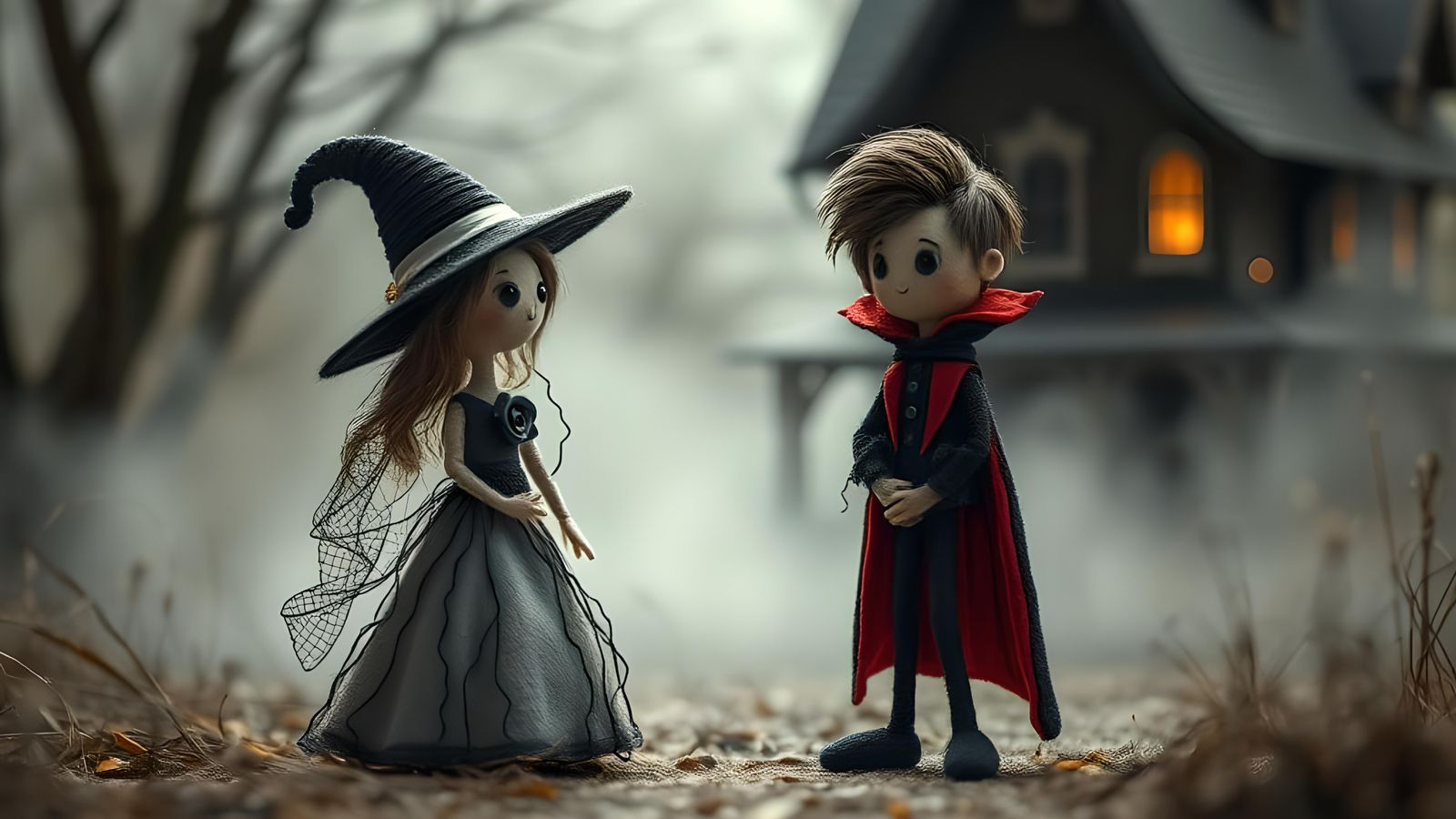 Whimsical String Bride and Groom at Haunted House