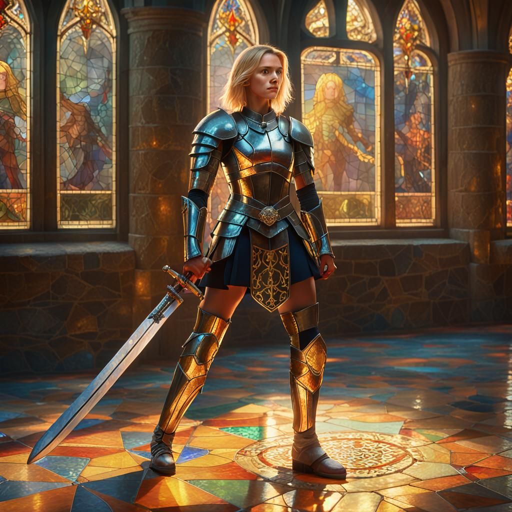 Blonde Warrior in Castle: Fantasy Oil Painting