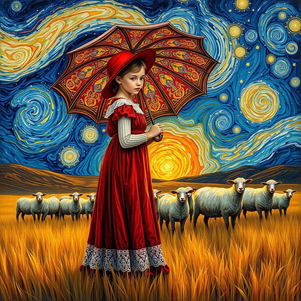 Elegant Girl in Red Dress Surrounded by Sheep Under Starry N...