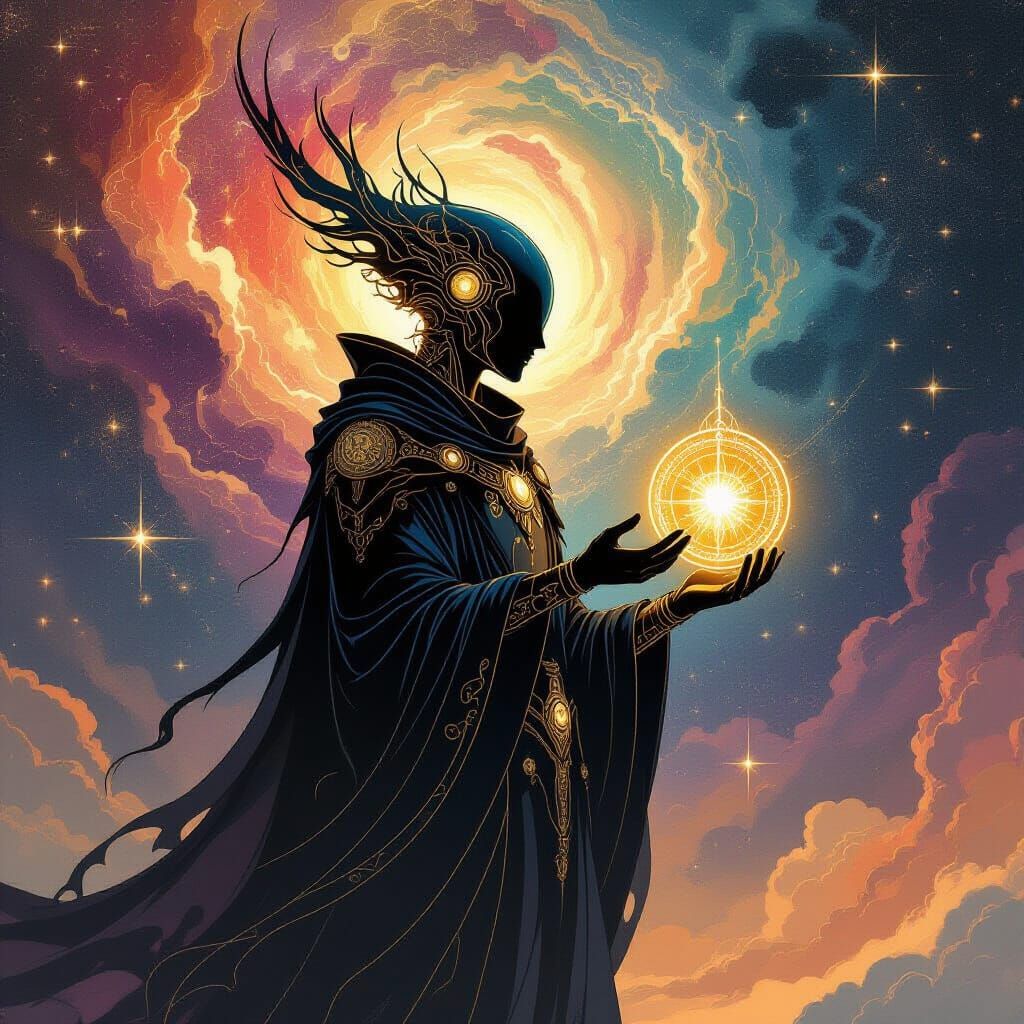 A majestic celestial being composed of swirling nebulae and ...