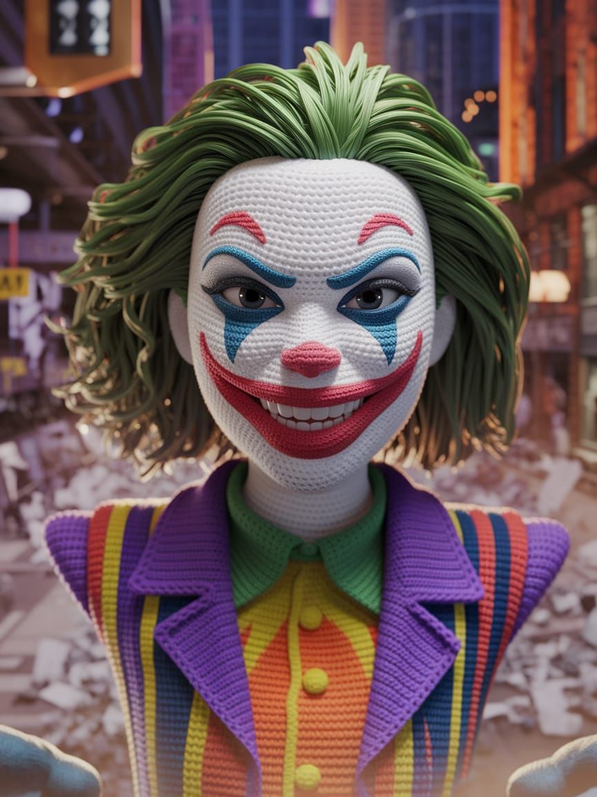 Crocheted Female Joker in Gotham City