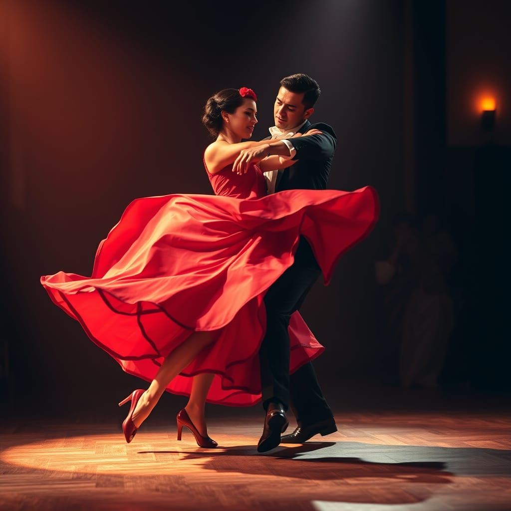 Flamenco Dancers in Red Dress Captured Mid-Performance