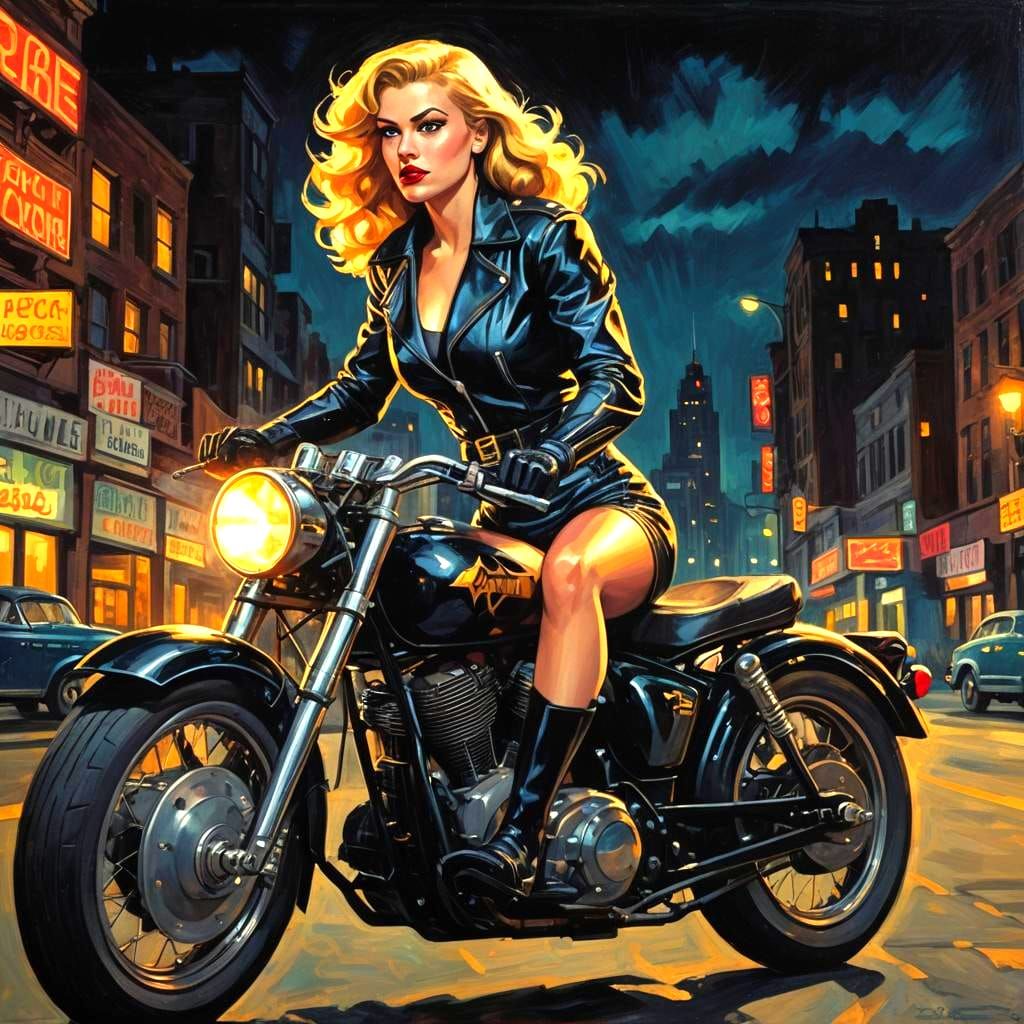 Black Canary on Motorcycle, 1940s Oil Painting