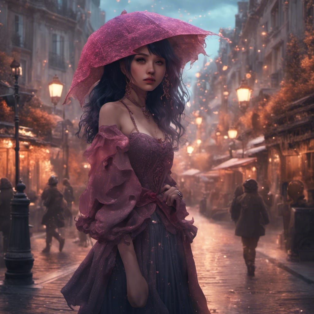 Kawaii Woman in Paris, Dark Fantasy Concept Art