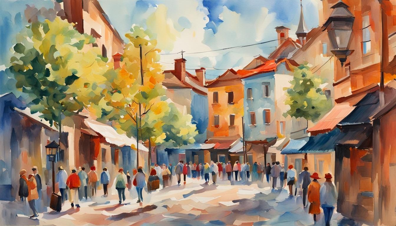 Lively Street Scene in Gouache and Watercolor