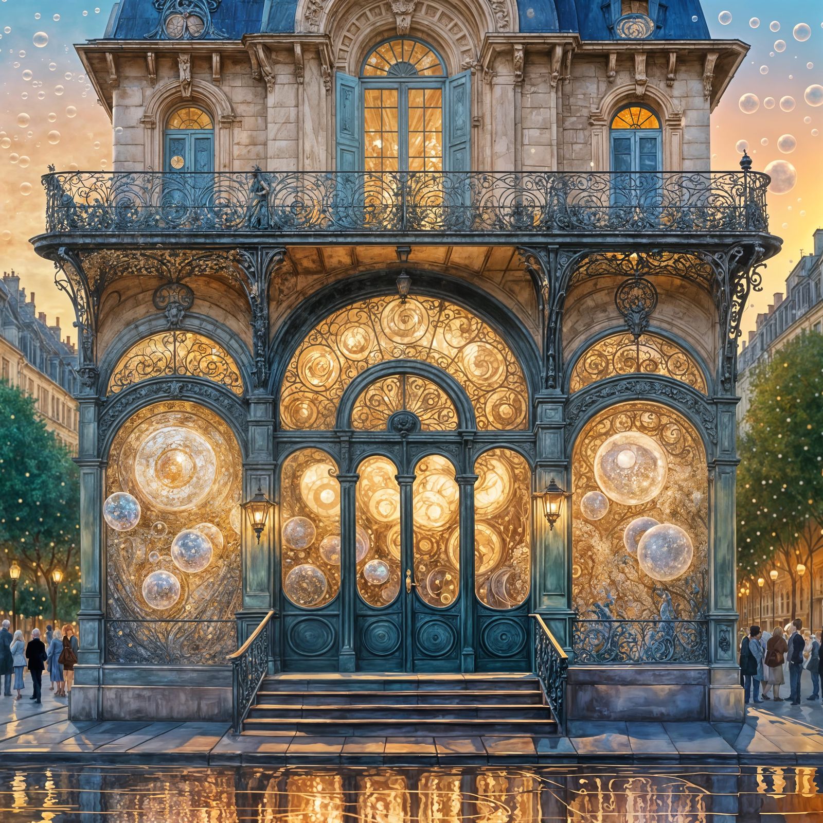 French Train Station with Soap Bubbles, Klimt Style