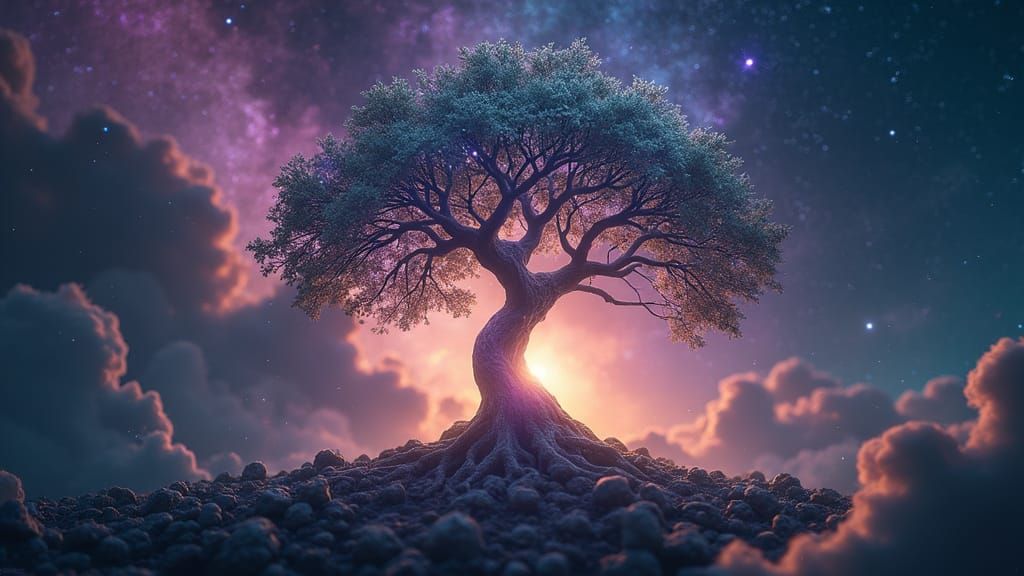 Cosmic Tree of Life from Crystal Seed in Hyperreal Style