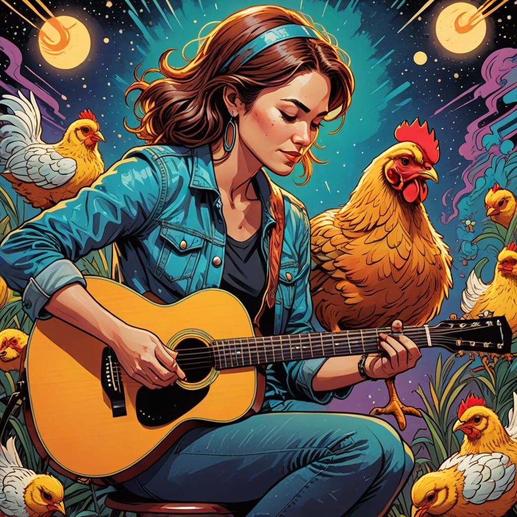 Chick Serenades Mother Hen in Vibrant Comic Book Style