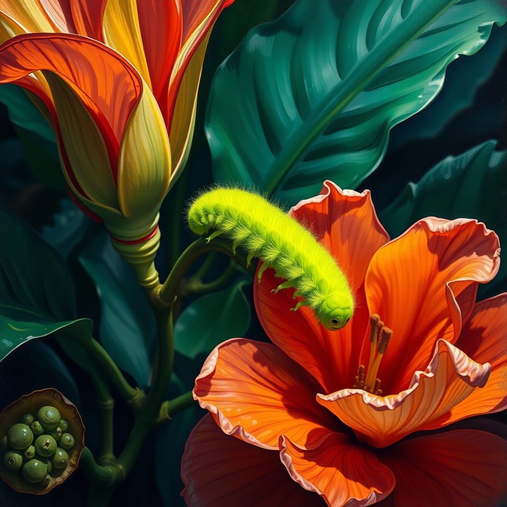 Whimsical Green Caterpillar on Vibrant Blooming Flower
