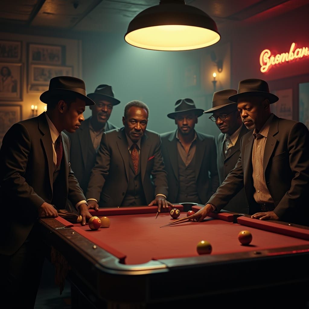 Men Playing Pool in Dimly Lit Bar, Film Noir Style