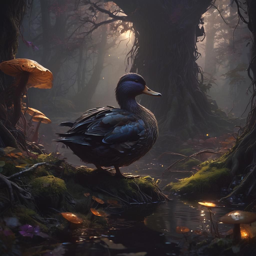 Mysterious Duck in Dark Fantasy Forest