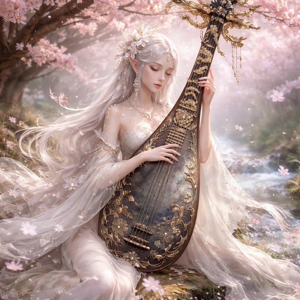Ethereal Woman Merged with Chinese Pipa Under Cherry Blossom...