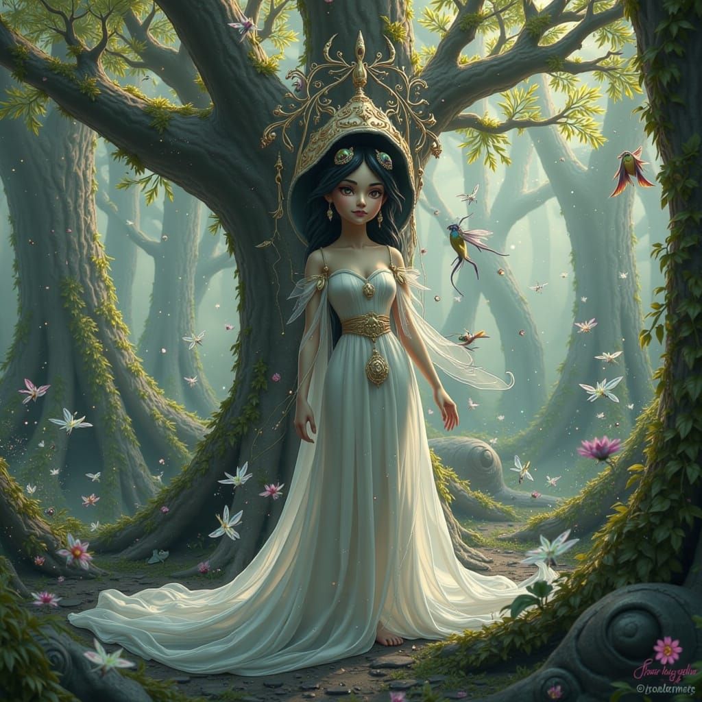 Dragon-Eyed Girl in Mystical Forest, Dreamlike Art