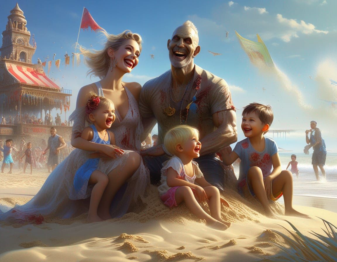 Happy Zombie Family at the Beach in Photorealistic Style