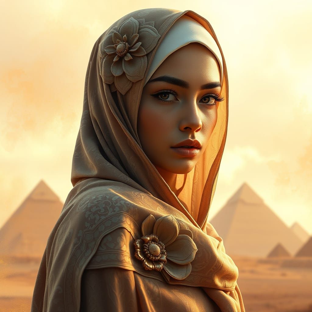 Elegant Woman in Dreamy, Abstract Landscape with Majestic Py...