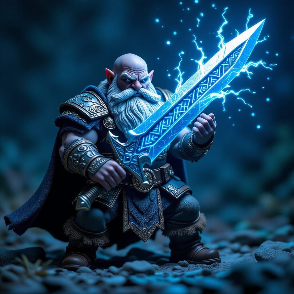 Dwarf Warrior with Glowing Magical Sword Figurine