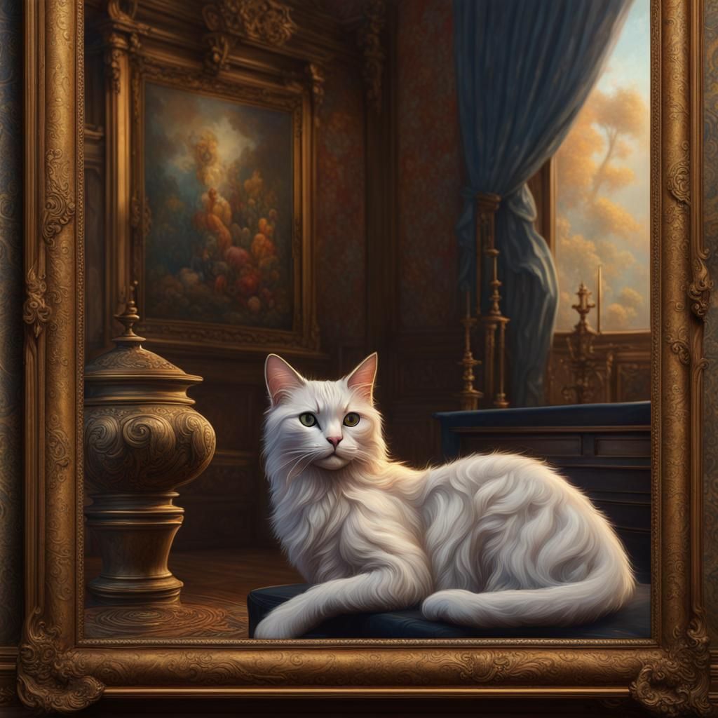 Antique Oil Painting of Cat Model in Bedroom