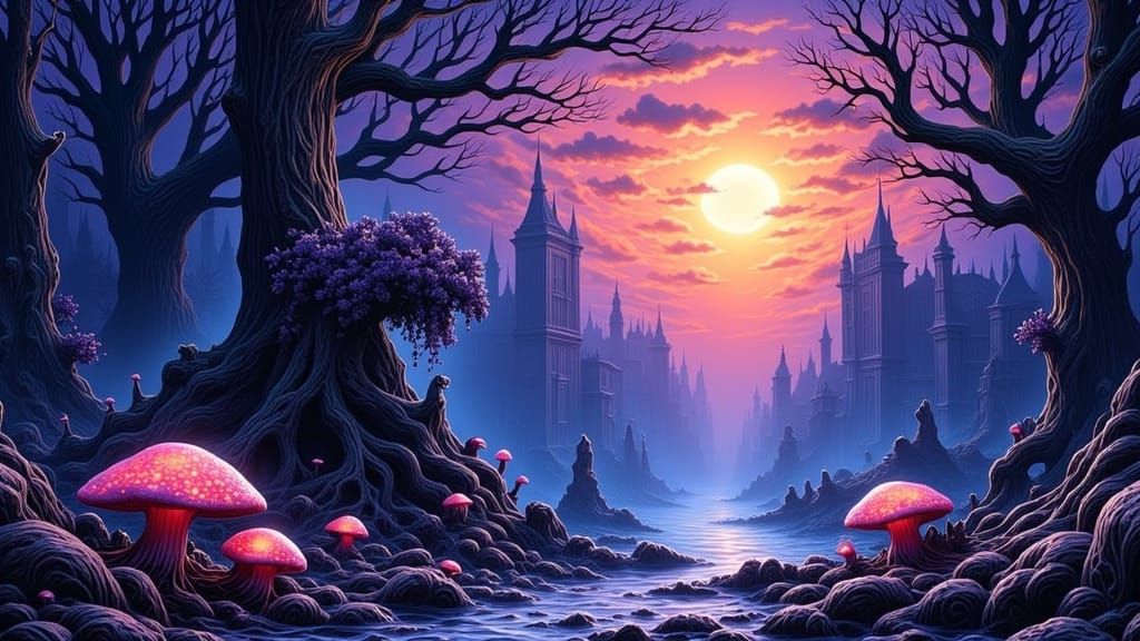 Mystical Realm with Glowing Mushrooms, as Concept Art