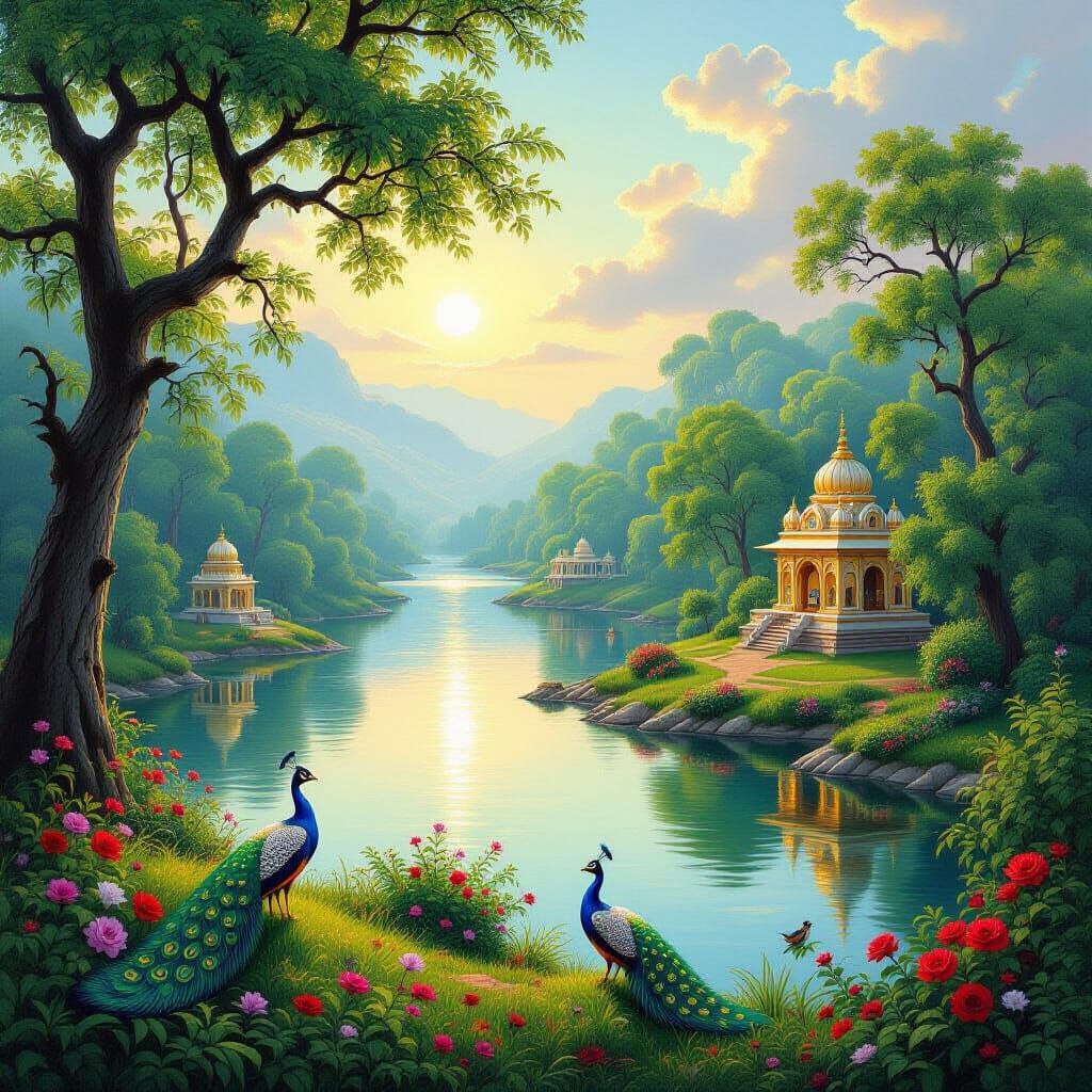 Serene Vrindavan Landscape with Divine Presence