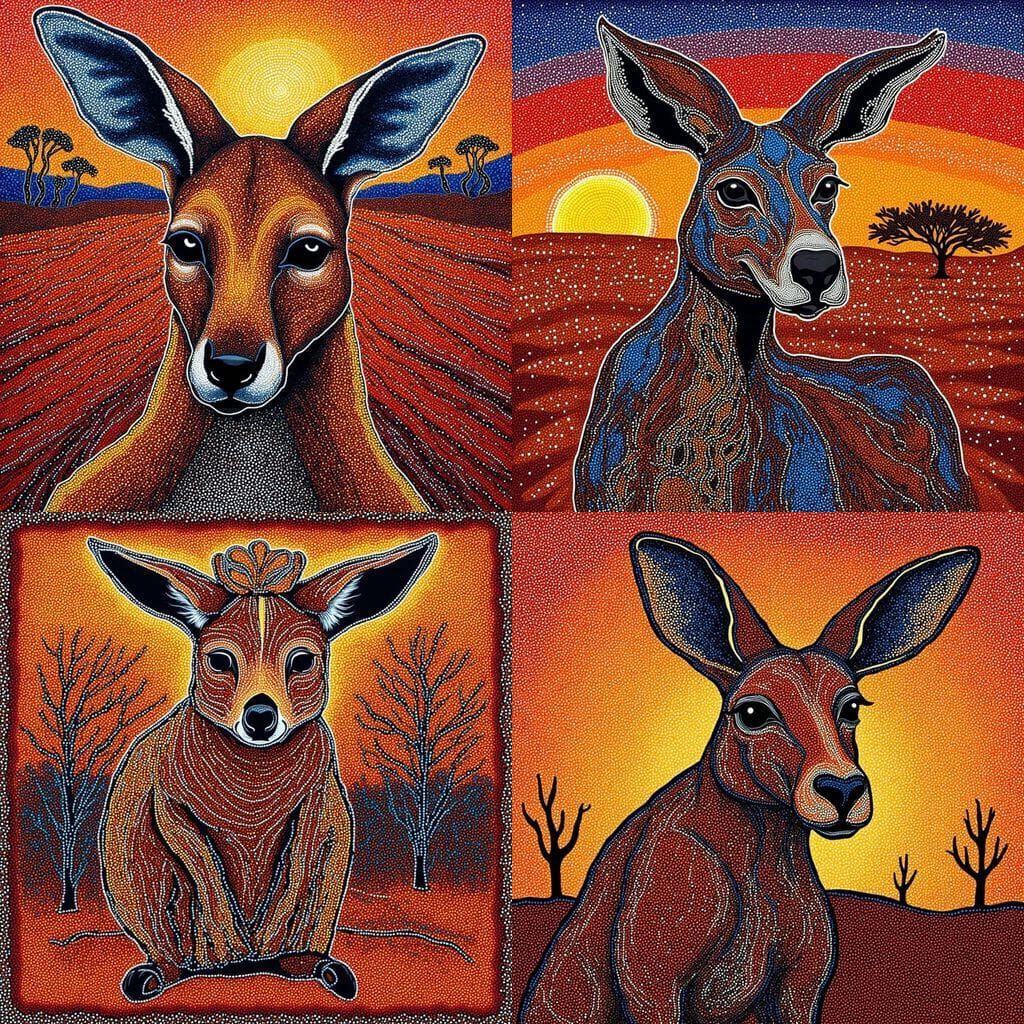 Kangaroo Portrait in Aboriginal Dot Painting Style