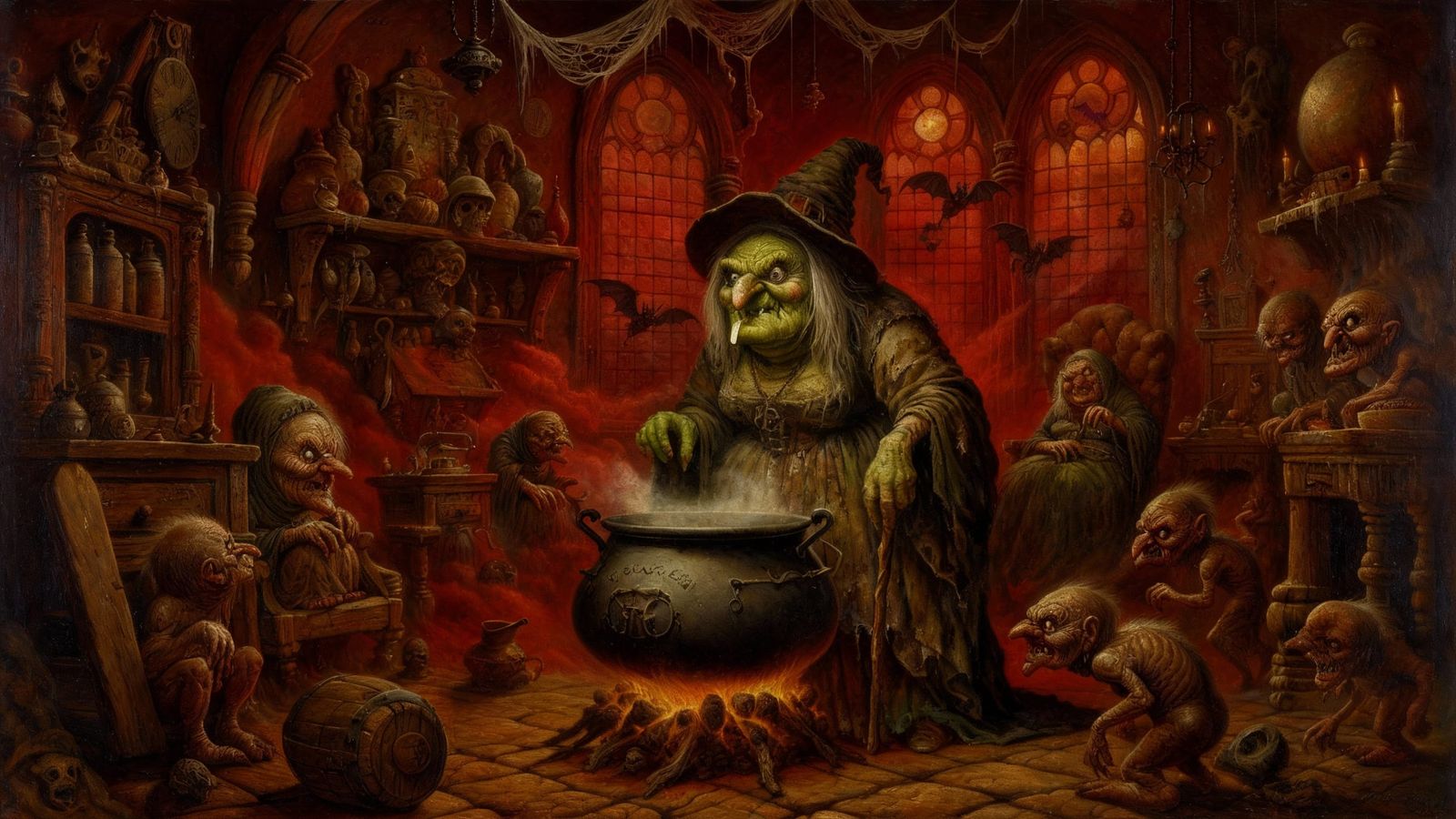 Ancient Witch in Grotesque Chamber, Bosch-Goya Style