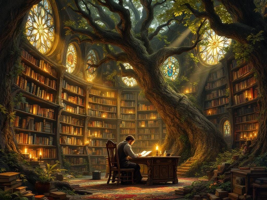 Enchanted Celtic Library in Oak Tree, Dark Fantasy Style
