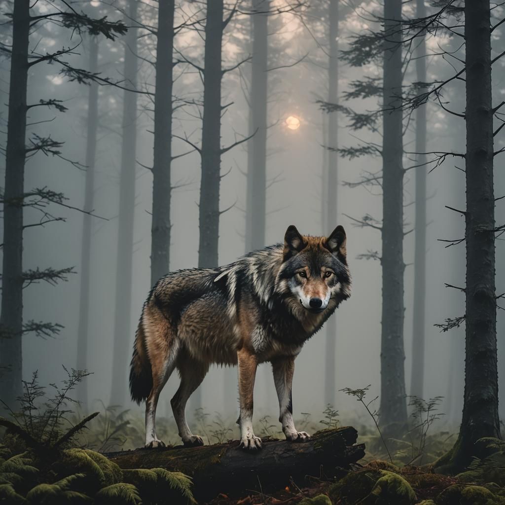 Wolf in Foggy Forest at Twilight