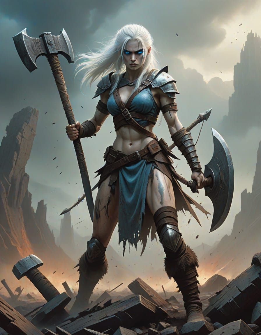 Savage Goddess in Tattered Skin Armor Wields Massive Axe
