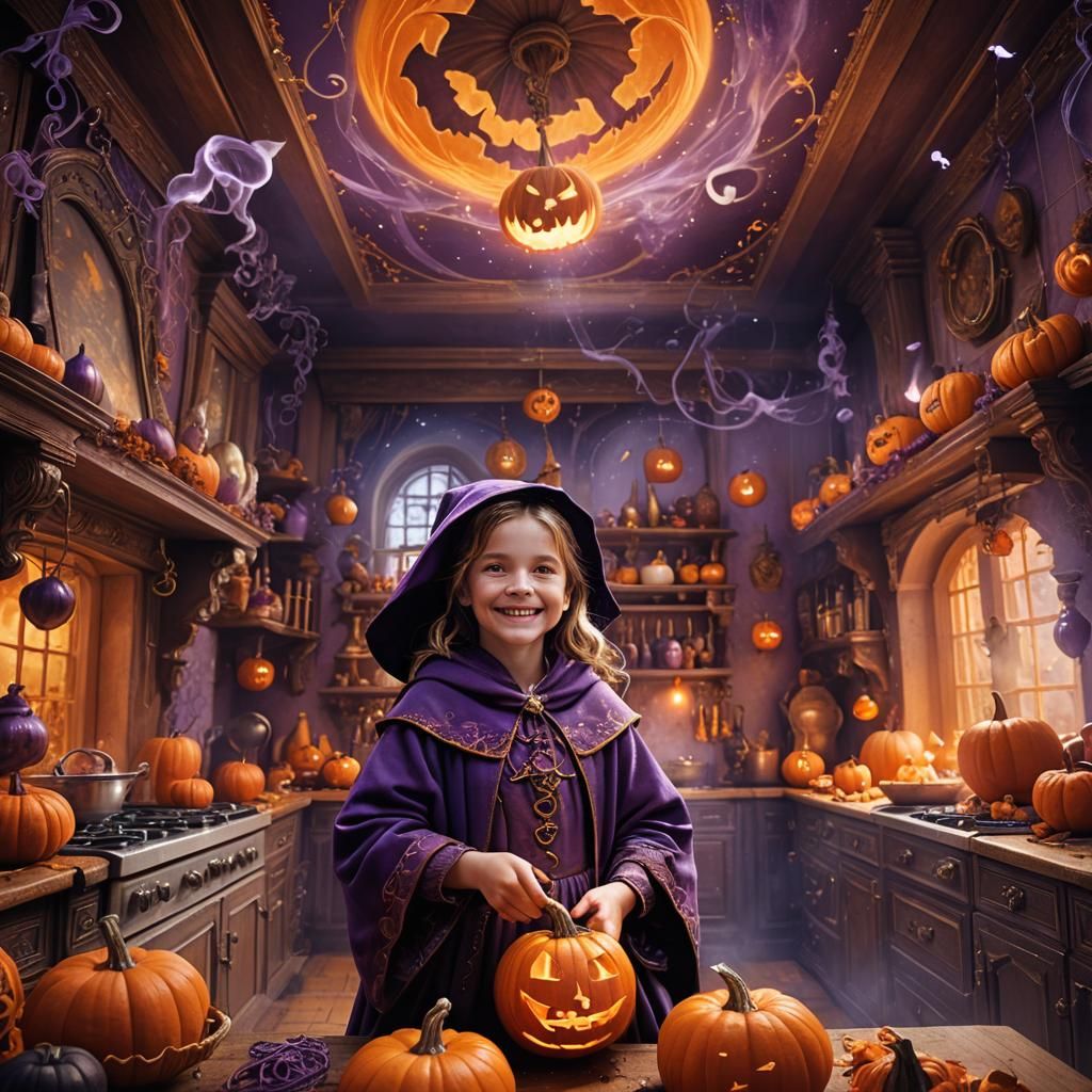 Victorian Kitchen Scene with Child Wizard and Magic