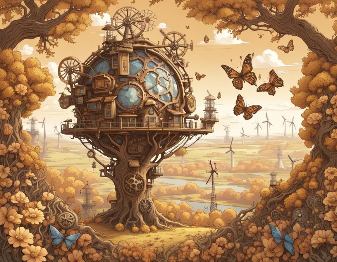 Steampunk Earth: Solar, Wind, and Nature's Embrace