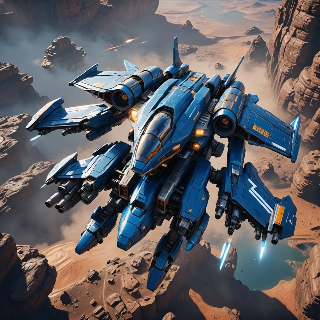 Futuristic Blue Spaceship Fighter Jet Mech in 3D