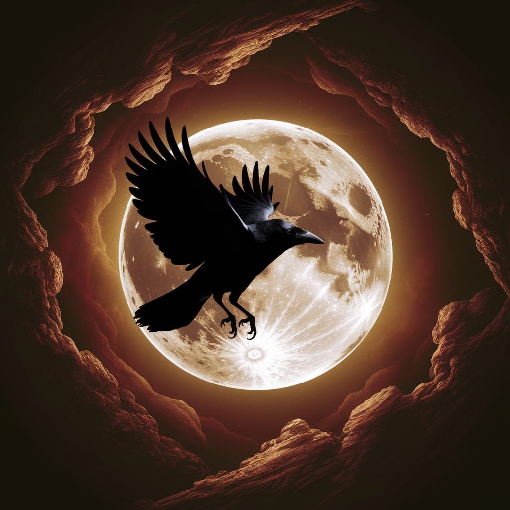 Crow and Moon Double Exposure in Gothic Horror Style