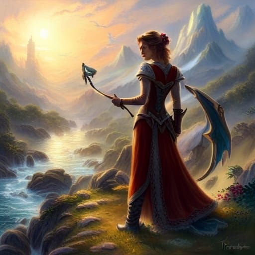 Female Warrior Selfie with Dragon in Ethereal Style