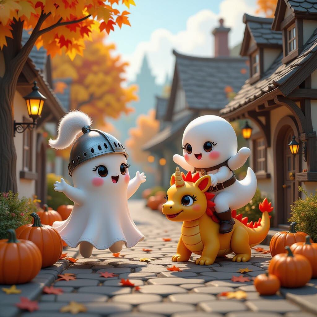 Cute Ghosts Haunting Pumpkin Village in Whimsical Dark Fanta...