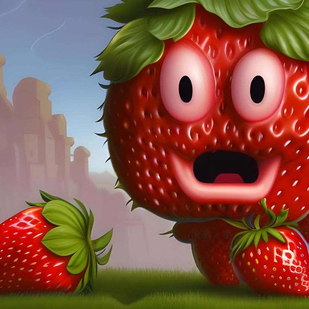 Happy Strawberry Character in Comic Book Style