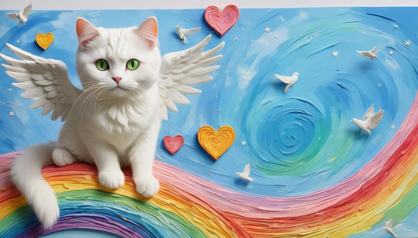 White Cat with Angel Wings on Rainbow Bridge