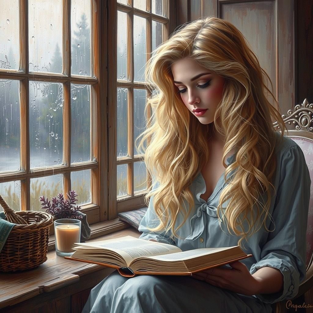 Woman Reading by Rainy Window in Vermeer Style