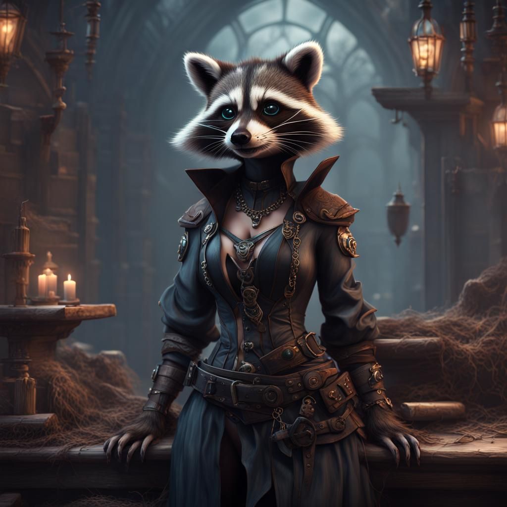 Gothic Anthropomorphic Raccoon in Detailed Matte Painting