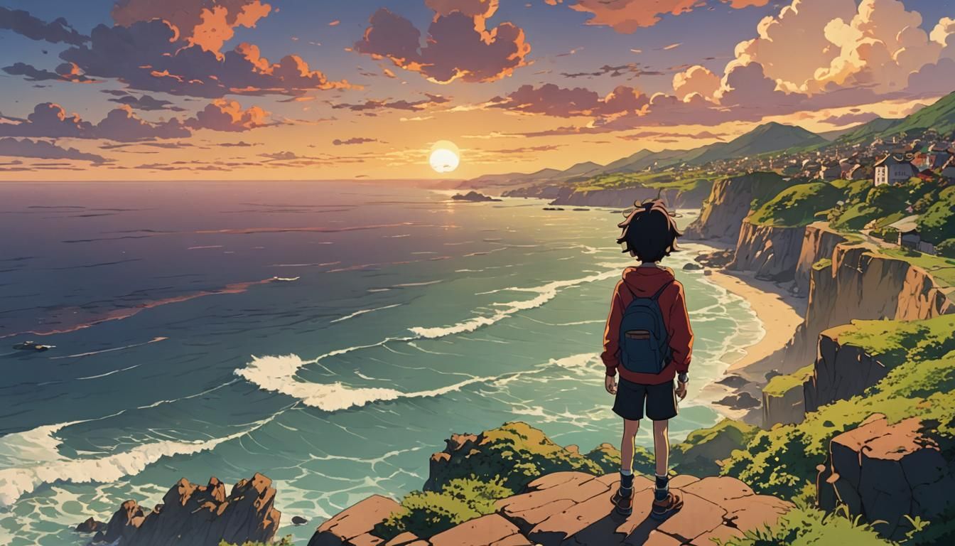 Anime Protagonist at Cliffside School, Cinematic Style