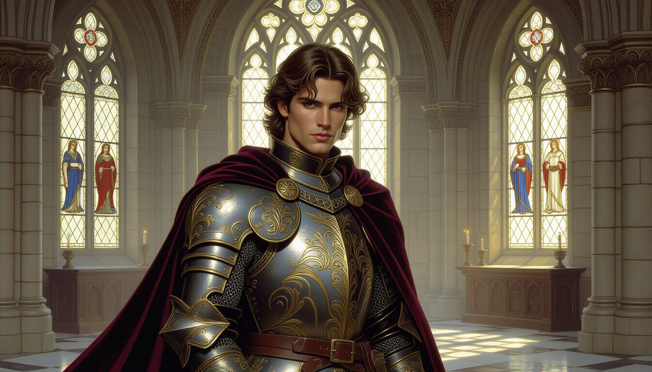 Medieval Young Man in Castle Hall, Romanticism Style