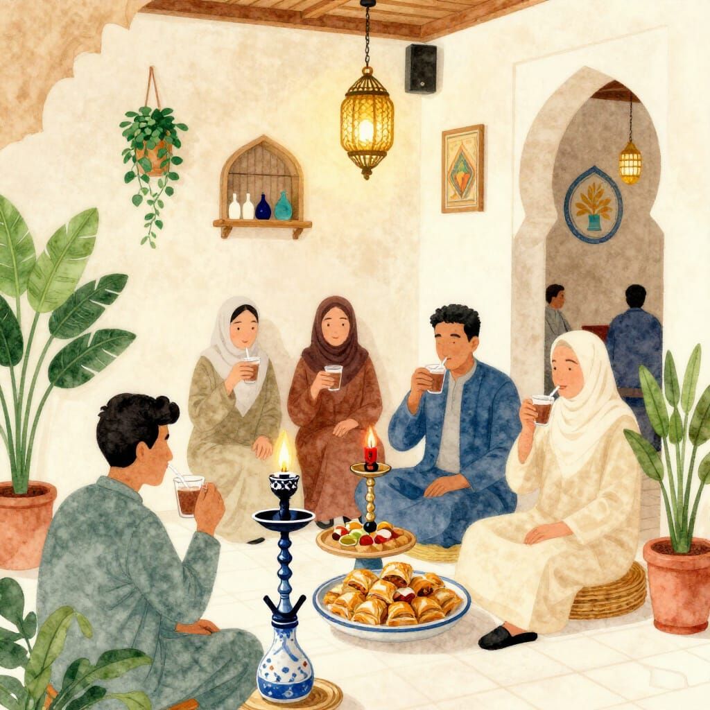 Colorful Moroccan Cafe Interior with Plants and Shisha
