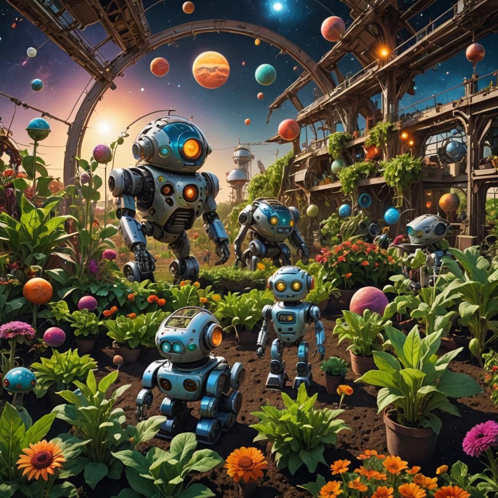 Robots Farming on Alien Planet: Surreal Photo