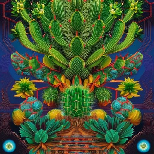 Intricate Digital Cactus Illustration with Fractal Details